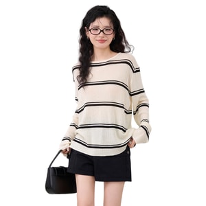 【中國直郵】 HSPM 新款復古設計感條紋針織防曬長袖罩衫 白條紋 F