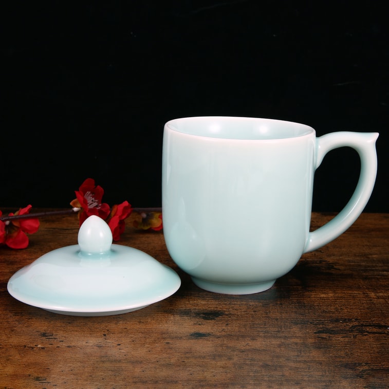 Celadon Teacup Coffee Mug Milk Cup Green Valley Ancient Chinese Generals Celadon Cup with Lid 15oz Light Greenish Blue 4