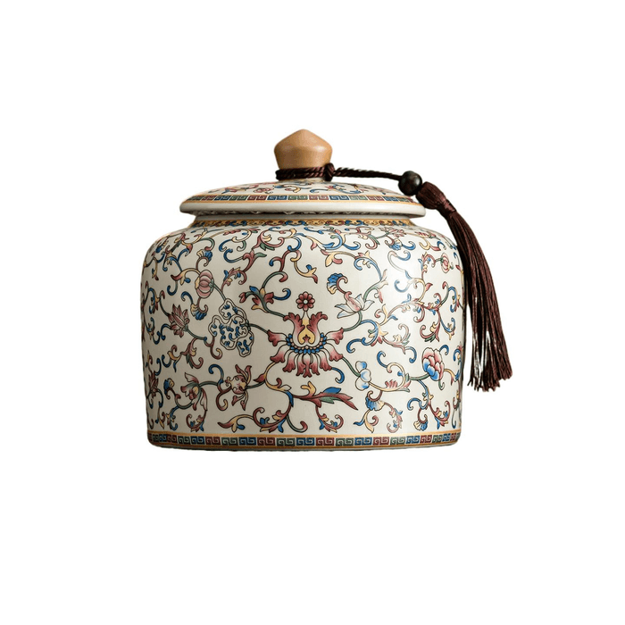 【中国直邮】 一品仟堂 珐琅彩繁花缠枝莲直身陶瓷茶叶罐子 12.3*13厘米