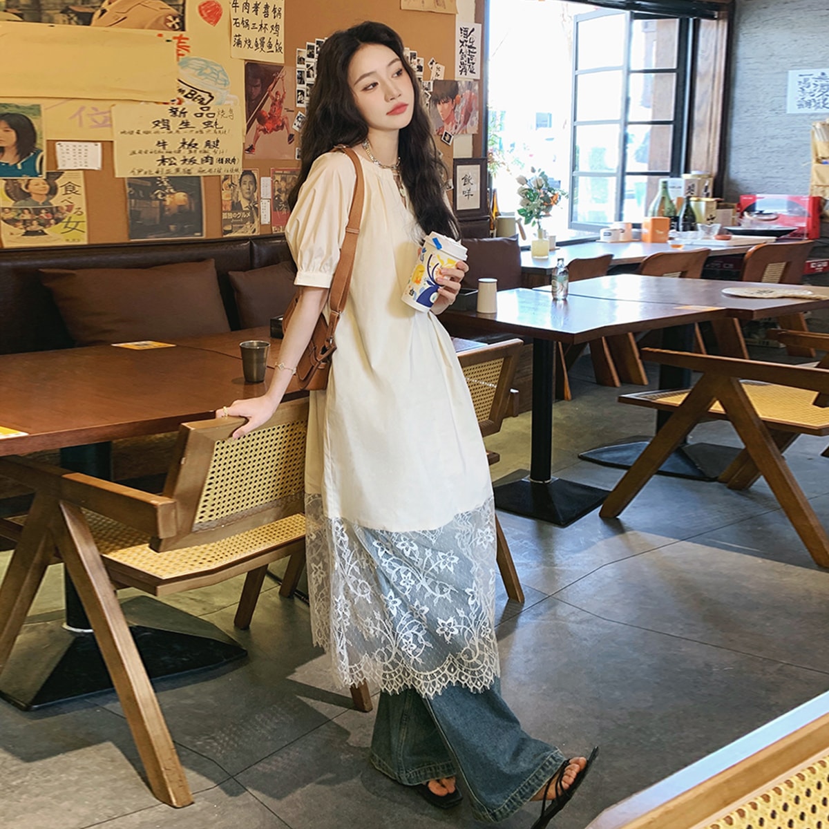 New Lace Patchwork V-neck Loose Slimming Dress Rice Apricot F