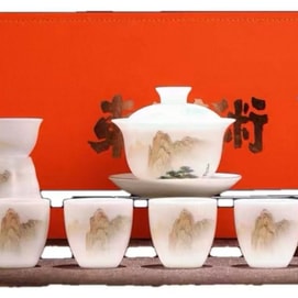 【中国直邮】 京真堂 景德茶具 盖碗 陶土材质 产地 瓷都德化 口径10.4cm高9.8cm 容量160mlX6