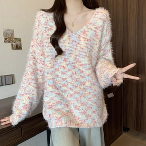 New Sweet And Lazy Style Soft And Loose Pullover Knitted Sweater Pink M