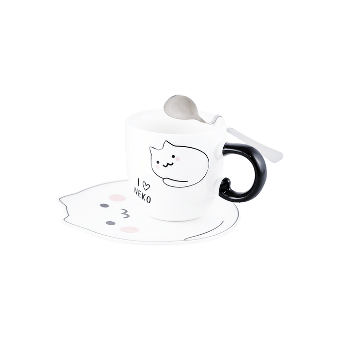 White Cat Mug with Tray and Spoon 8oz 3"Dx3"H 