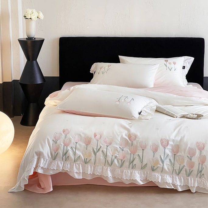 Tulip Bedding Set 4pcs 1.5/1.8m Bed 100% Cotton Fabric, 【Skin - friendly & Breathable】for Bedroom, Exquisite Tulip Embroidery & Lace Ruffle, Cute Girly Style, Create Cozy Warm Sleeping Space