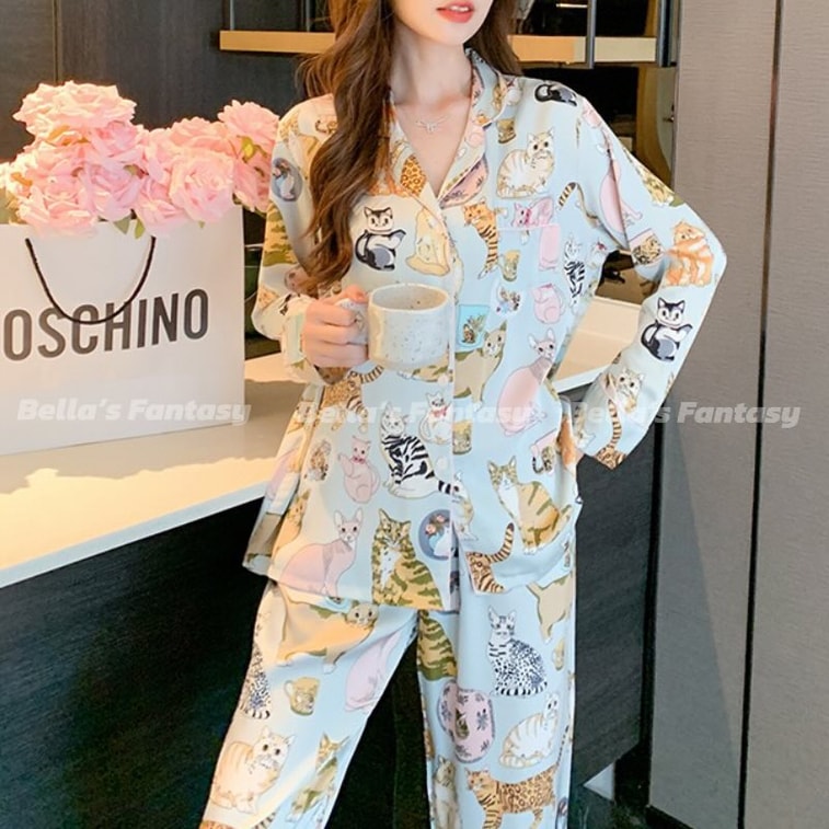 美国 Bella’s Fantasy Bella's Fantasy 赵露思同款猫咪手绘冰丝长袖长裤秋冬睡衣套装超热卖 水蓝色 M 4