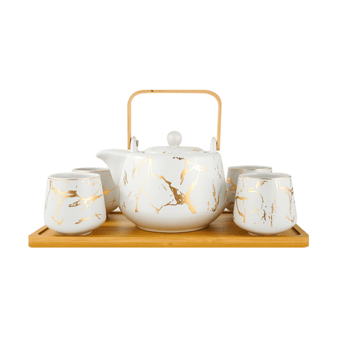 Japanese Tea Set With Bamboo Tray Marble White