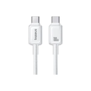 [홍콩 직배송] Baseus 100W 고속 충전 스마트폰 충전기 (듀얼 USB-C 포트, 문라이트 화이트, 아이스 클리어 저온 보호 기능, 2미터 연장 케이블 포함), Apple iPhone 15-17 호환