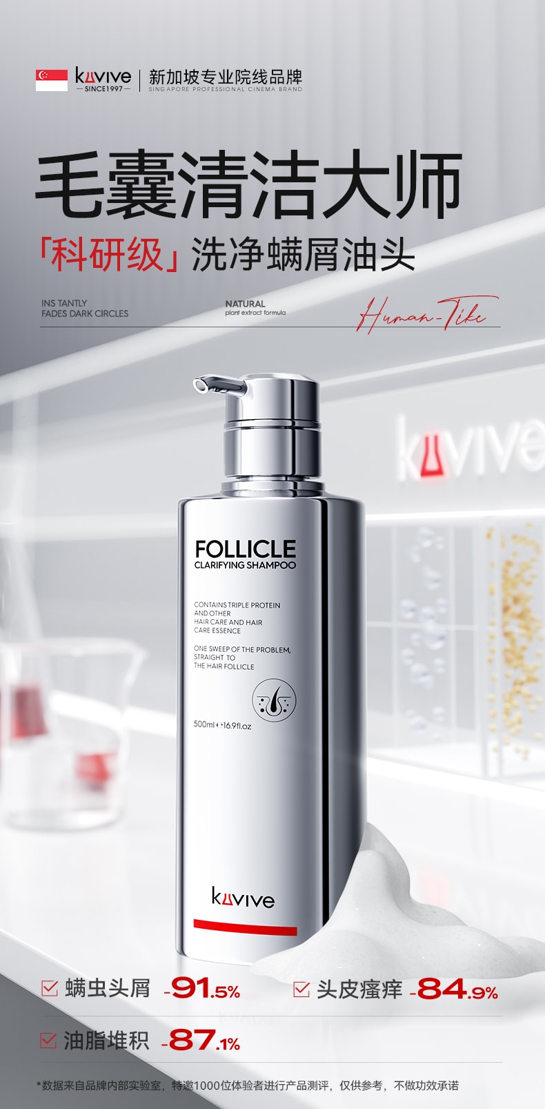 【中国直邮】 新加坡 Kuvive 毛囊净澈洗发水 二硫化硒洗发水毛囊除炎螨去屑止痒控油蓬松洗头膏露男女正品 500ml/瓶