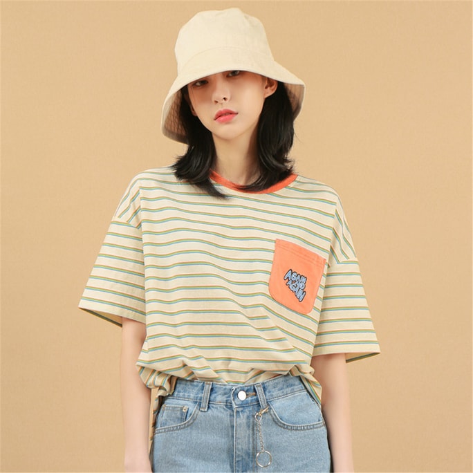 HSPM New Loose Striped Contrasting Short Sleeved T-Shirt With White Stripes XS