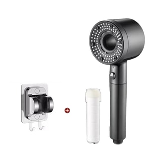 【中國直郵】 HSPM 鏤空家用超強增壓花灑噴頭浴室熱水器渦輪大出水五檔過濾花灑 經典灰+底座
