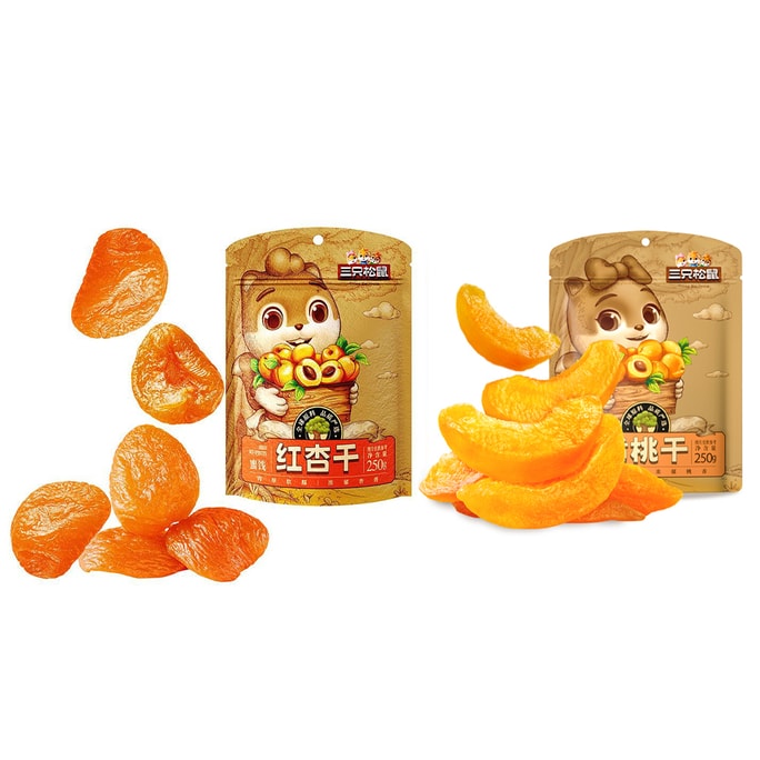 【限时果干大促】三只松鼠 黄桃干 250g+红杏干 250g 单克价便宜 八斤产出一斤 纯肉自然熟 低温慢烘不上火 蜜饯果脯果肉