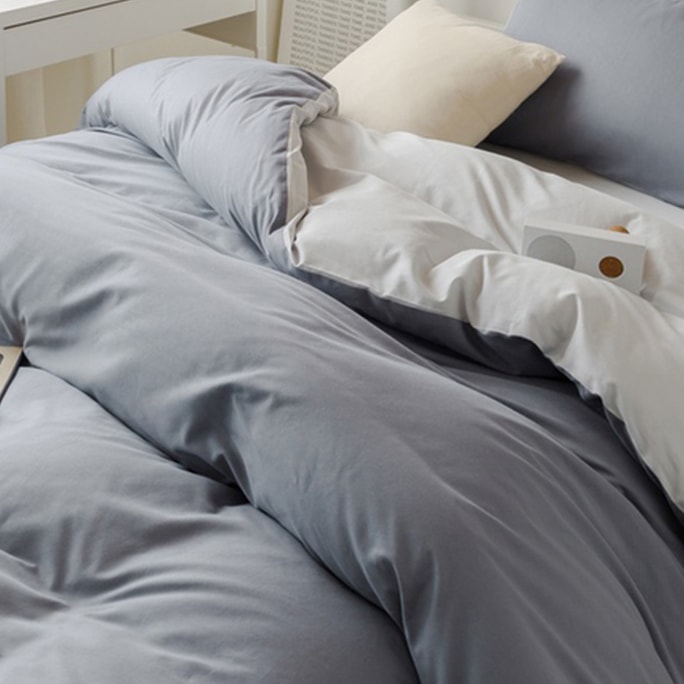 Kazi Wabi-Sabi Washed Cotton 4-Piece Bedding Set – 2×2.3m Duvet Cover, 2.3×2.5m Bed Sheet, 48×74cm Pillowcases ×2 – Queen Size – Dorm & Home Textiles, Blue Orchid + Wutong Grey Two-Tone