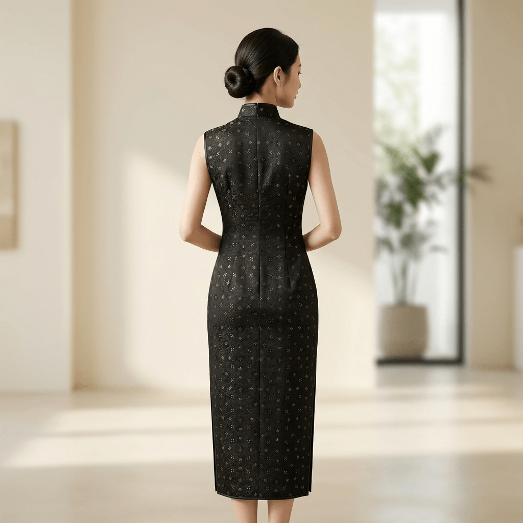 Black Gold Jacquard Xiangyunsha Qipao Elegant Mulberry Silk Chinese Cheongsam Dress L Size