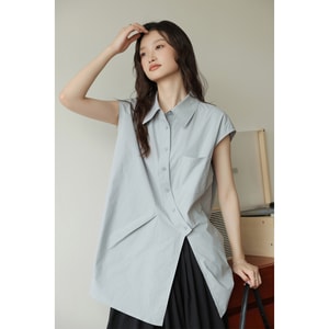 【中国直邮】 HSPM 新款文艺不规则显瘦百搭短袖衬衫 雾霾蓝 S