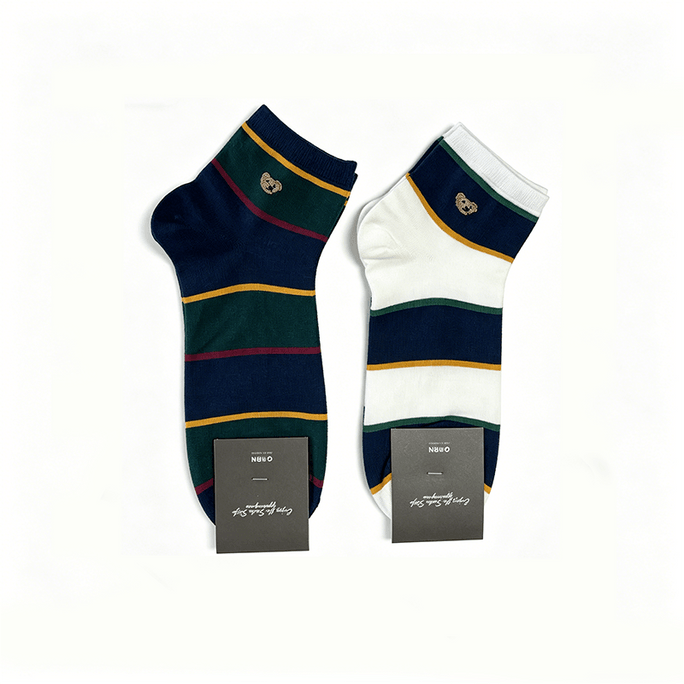 Men's Cotton Ankle Socks 2 Pack - n Style, Bear Embroidery, Striped, Sweat Absorbent, Anti-Odor, Daily Wear