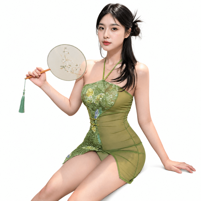 Women’s Chinese-Inspired Qipao Lingerie, Sexy Cheongsam-Style Bedroom Sleepwear, Seductive Role-Play Costume, GREEN,One Size, 1 Piece