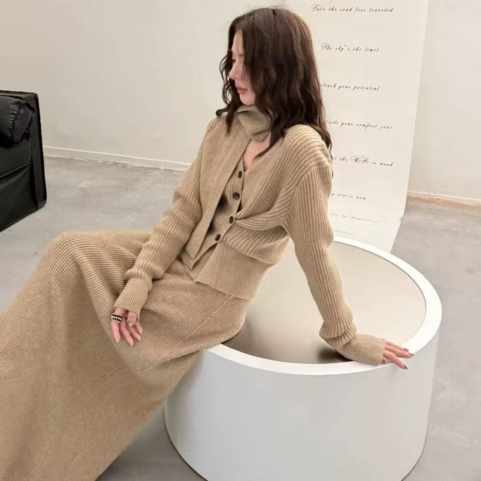 【カナダ直送】SCENARIO 韓国風ウール混ニット 3点セット（フリーサイズ） - 3色、アプリコット