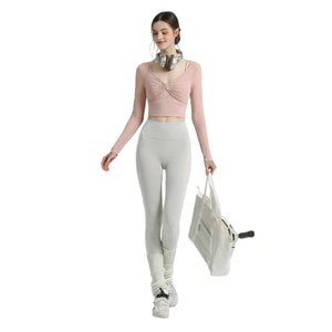 Long Sleeve Yoga Suit With Chest Pad Mesh Fitness Sports Pilates Training Set Ballet Pink Top + Gray White Yoga Pants Size S 1 Set