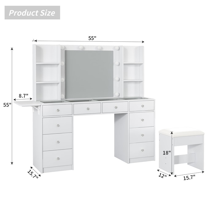 【 US Direct Mail 】 Dressing table + dressing chair warm and cool 3-color LED light extra-large size 10 drawers