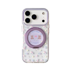 【中国直送】 HSPM iPhoneケース パープル小花柄ベア 17promax 1点 360度スタンド対応 iPhone保護カバー