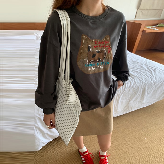New American Cartoon Cat Printed Long Sleeved Hoodie Charcoal Gray M