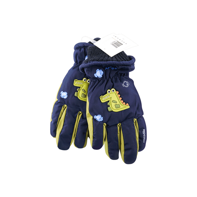 儿童双层滑雪手套 加绒可触屏户外棉保暖 藏蓝鳄鱼 4~7岁