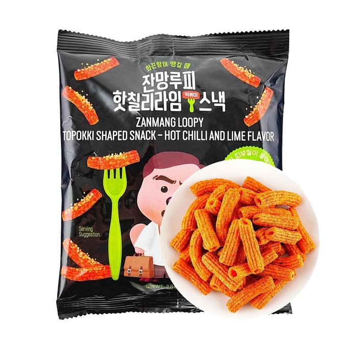 장망 루피 떡볶이 모양 스낵 (매콤한 칠리 & 라임 맛) 2.82온스 【루피 스티커 랜덤 포함】