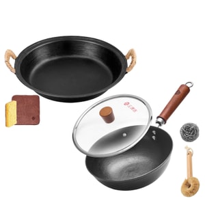 왕위안지 🔥역대 최저가 콤보🔥⭐고순도 철, 균일한 열전도⭐【전통 무쇠 웍 + 양손잡이 무쇠 프라이팬】웍과 바닥이 평평한 프라이팬 세트, 가정 요리에 적합, 1인분, 24cm, 1~3인 가족에게 추천.