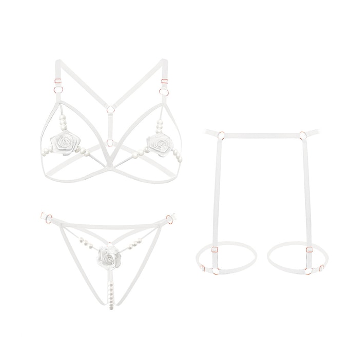 Fun Lingerie Rose Beaded Three-point Set White One Size