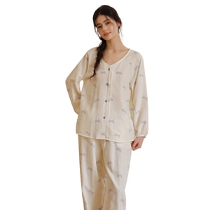 [中国からの直送] HSPM 新作 コットン 長袖 ゆったり 快適 室内着セット クリームホワイト 蝶結びプリント XL