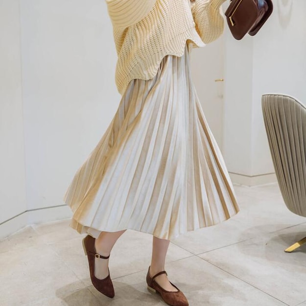 商品详情 - 【韩国直邮】attrangs 高级丝绒面料百褶长裙 米色 均码