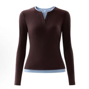 V-Neck Faux Two-Piece Base Layer Top 1pc – Truffle Brown X Gray-Blue Size S—Skin-Friendly, Slimming Fit