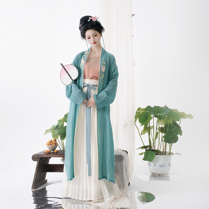 【中国からの直送】HSPM 宋代漢服 レディース テンセル刺繍入り細袖ベイズィ（アウター）プリーツスカート付き、スモーキーブルーカラー、3点セット、サイズL（1セット）