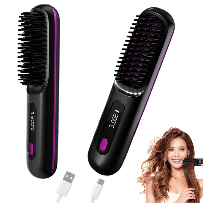 Hair Straightener Brush, Rechargeable Hot Comb Hair Straightener with 3 Temp Settings, Anti-Scald Portable Brushes with Negative Ions for Women