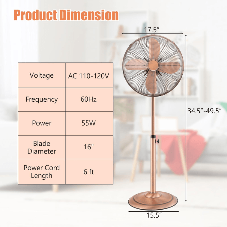16 Pedestal Standing Fan Oscillating Pedestal Fan With 3 Speeds And Adjustable Height-Copper 4