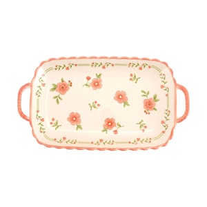12-Inch Rectangular Plate with Double Ears, Red Glaze Peach Blossom Theme Tableware,31 * 17.3 * 4.2CM