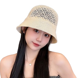 【中国直邮】 HSPM 度假沙滩休闲遮阳防晒帽 草编透气水桶草帽 女士夏季旅游防晒水桶帽 米色 F 1顶