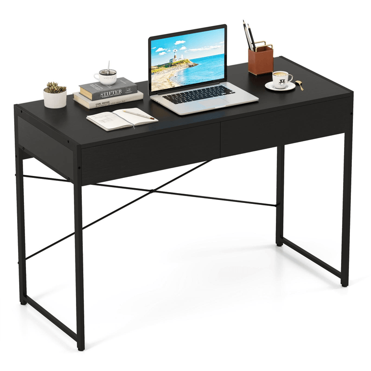 Computer Desk With 2 Drawers 44 Inch Home Office Desk With Metal Frame-Black 3