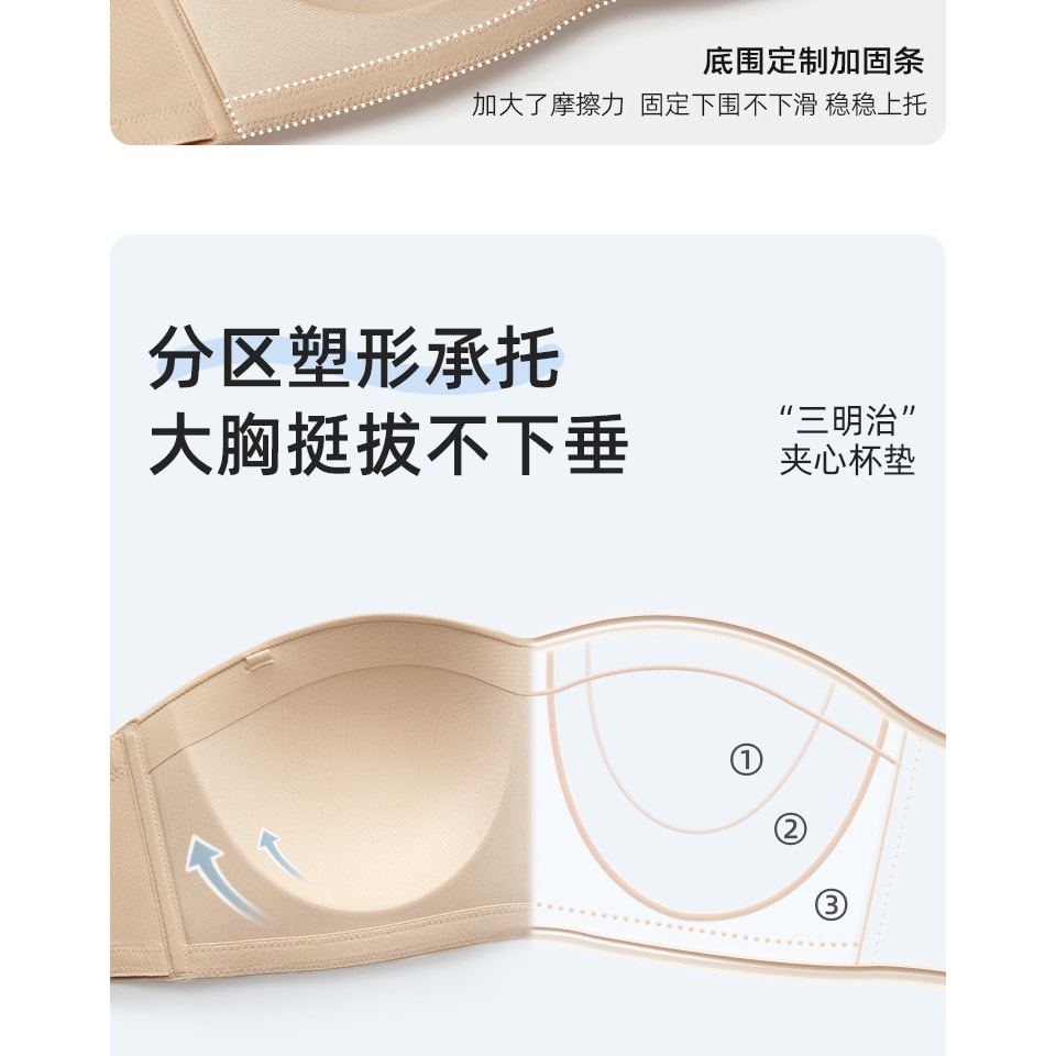 幸棉肤色M码大胸无肩带内衣女大码防下垂裹胸提拉无痕隐形防滑抹胸文胸女