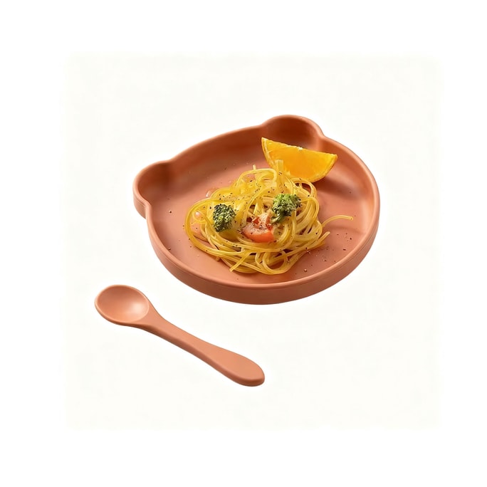 婧麒 宝宝餐盤矽膠吸盤一體式自主進食防摔兒童小熊餐具輔食碗嬰兒 豆沙粉+勺食品級矽膠餐盤】 1件