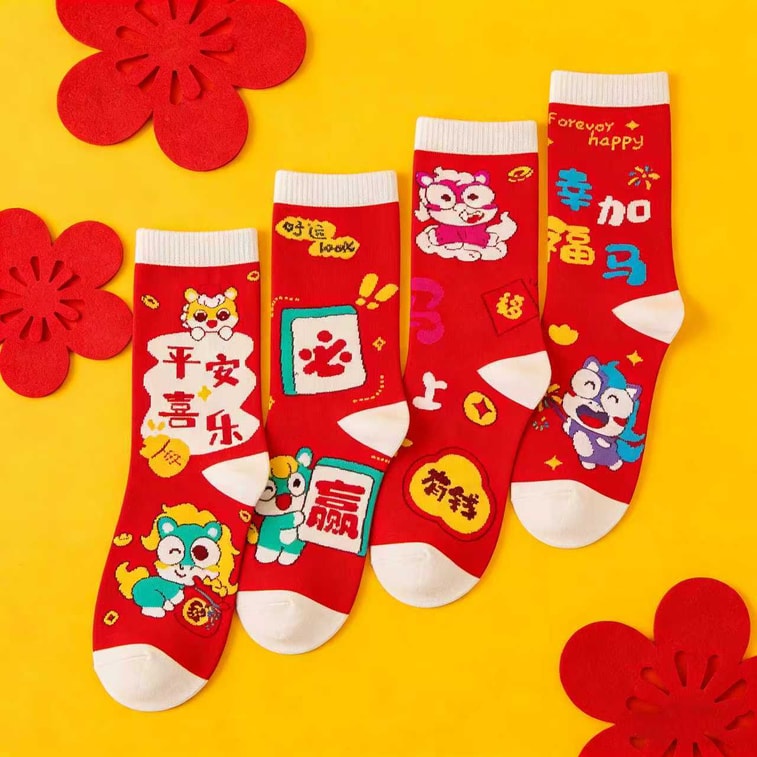  優禾的家 2026新款馬年本命年襪子 秋冬純棉長襪 禮盒裝 4雙【新春開運 生肖本命 婚慶嫁娶】【柔順親膚 透氣】 3