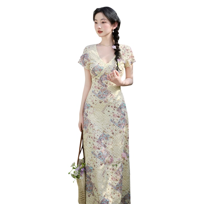 [中国からの直送] HSPM 新作 レトロ 気質 ハイエンド Vネック スリミング ドレス ベージュ 花柄 レース S