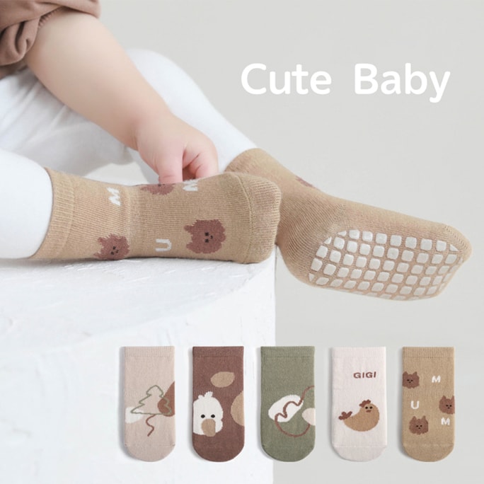 New Cute Cartoon Anti Slip Adhesive Baby Middle Socks Five Pairs Of Socks Set L