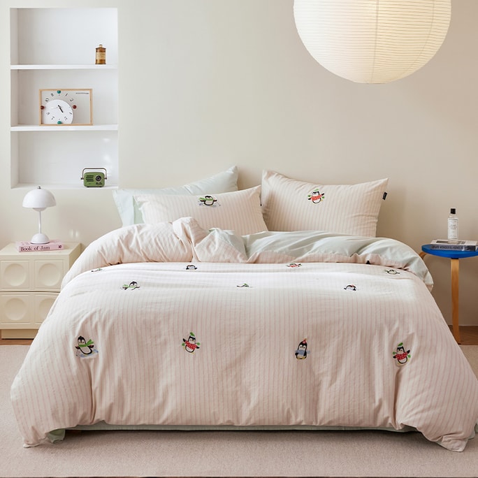 Penguin Spirit 3-Pc Bedding Set, 1.2m, 100% Cotton. Yarn-dyed Washed Fabric, Cute Penguin Embroidery. For Bedroom & Dorm. Rich Color, Ultra-soft, Breathable, Cozy. New Arrival Special Offer.