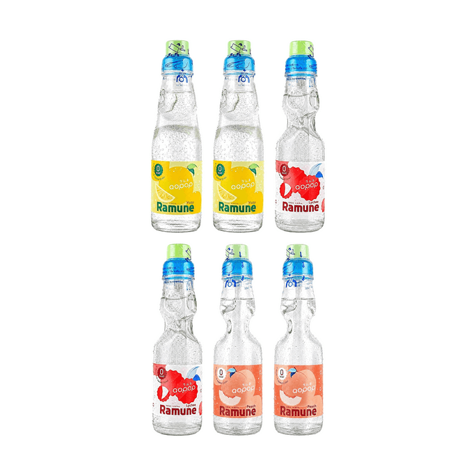 Ramune Marble Soda, Yuzu Flavor+Lychee Flavor+Peach Flavor, 6.76 fl oz*6【3 Flavors 6 Combo Packs】【0 Sugar 0 Fat】