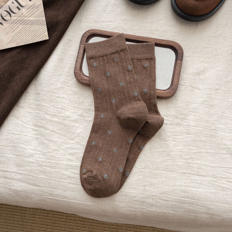 Autumn/Winter Bone-Free Retro Floral Mid-Calf Socks One Size Fits All Light Gray Brown Dark Gray 3-Pair Pack 5