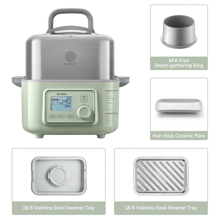 【$40 off with coupon】Electric Food Steamer Light Green 5.3QT/5L Stew Pots Not Included Multi - functional 4