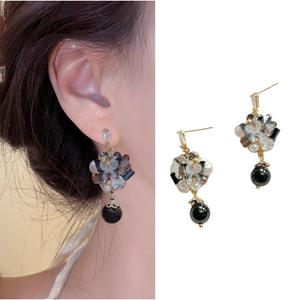 Crystal stacking + black bead pendant, light luxury ethnic style Internet celebrity with the same S925 silver needle earrings, smart face earrings