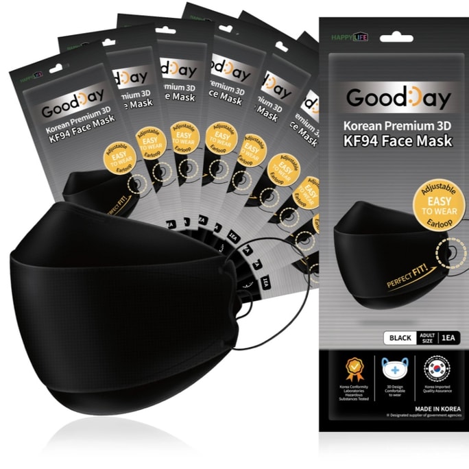 Good Day - Happy Life Premium Black (Adjustable) KF94 Face Mask - Adult 10 Count - Individually Packaged