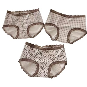 Soft Light Toffee Cotton Antibacterial | Six-Free Glutinous French Lace Soft Mid-Waist Women's Underwear 3-Pack (100-130 lbs)